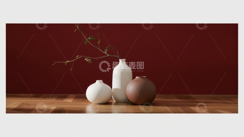 高清大图下载【趣麦麦图】三只陶瓶置于木质桌面
