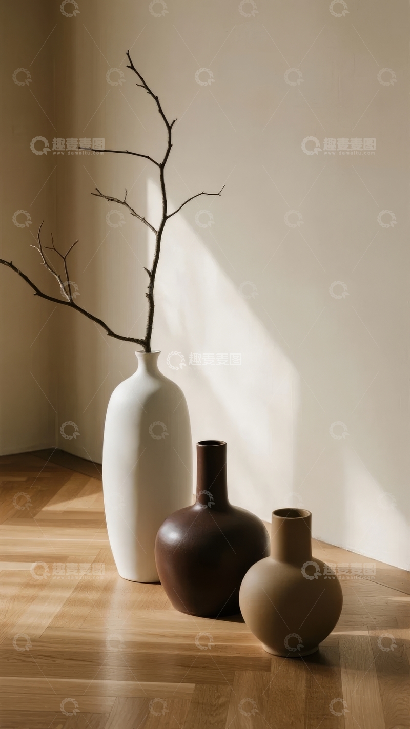 高清大图下载【趣麦麦图】三只陶瓶与枯枝静置角落