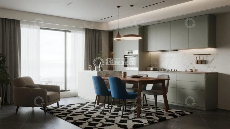 高清大图下载【趣麦麦图】现代简约风格客厅与厨房空间