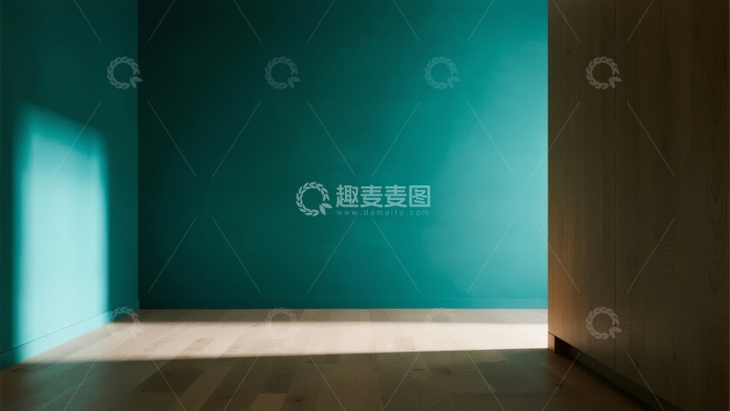 高清大图下载【趣麦麦图】空旷房间内蓝色墙壁与木质地板