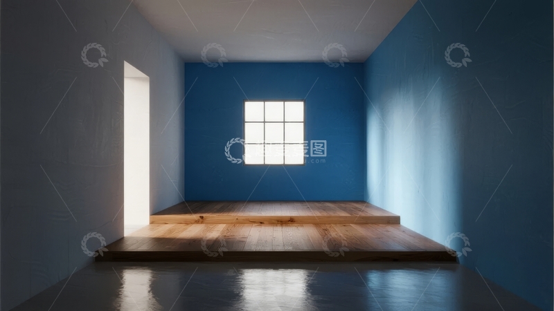 高清大图下载【趣麦麦图】蓝色房间内有木质平台和窗户