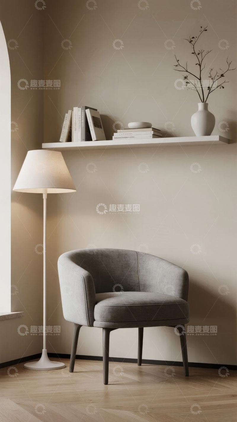 高清大图下载【趣麦麦图】灰色扶手椅旁的落地灯和书架