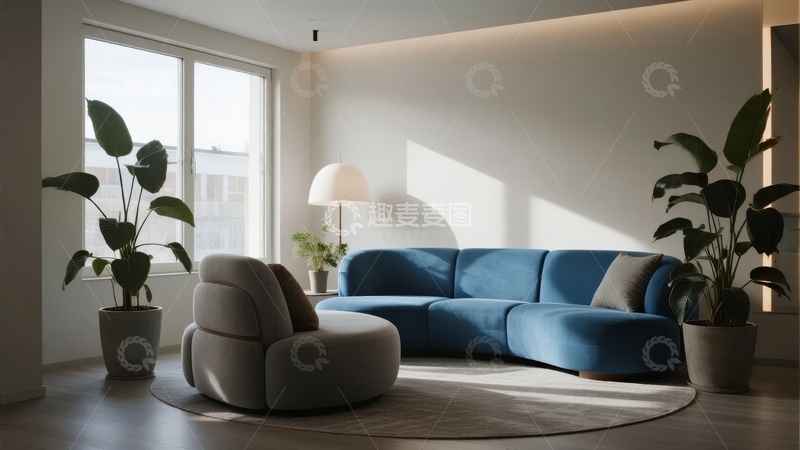高清大图下载【趣麦麦图】现代客厅蓝色沙发与绿植