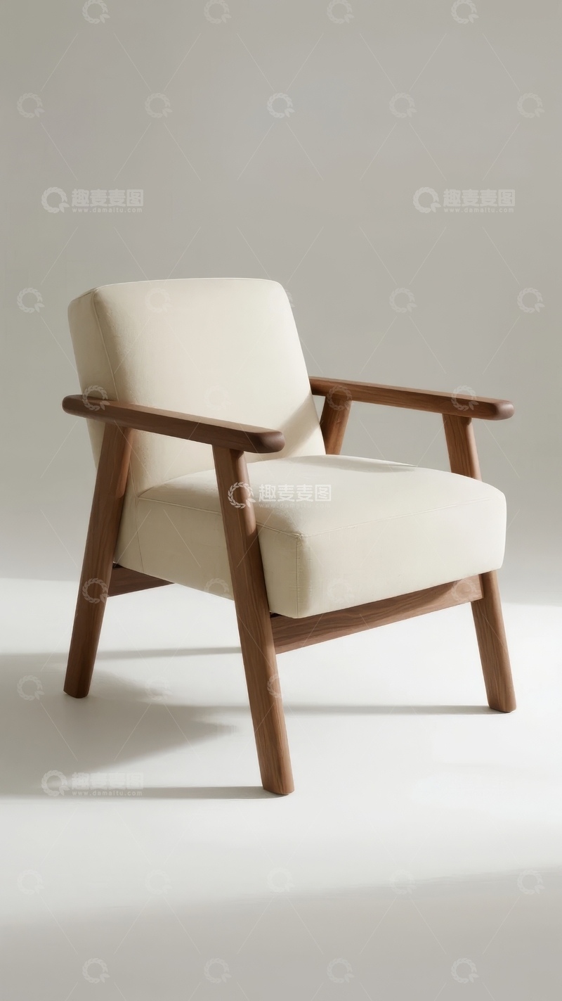 高清大图下载【趣麦麦图】米色布艺扶手椅木质框架