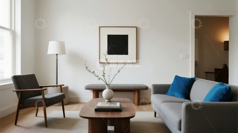 高清大图下载【趣麦麦图】简约客厅布置沙发茶几与艺术挂画