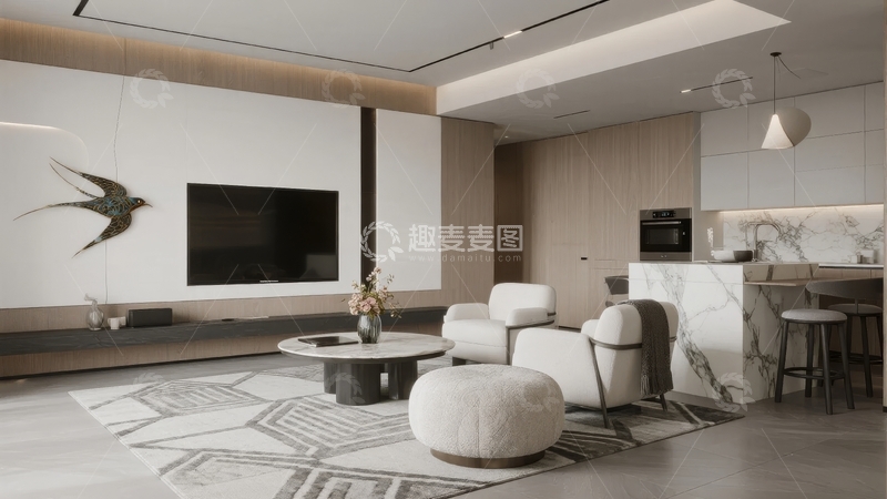 高清大图下载【趣麦麦图】现代简约风格客厅与厨房空间