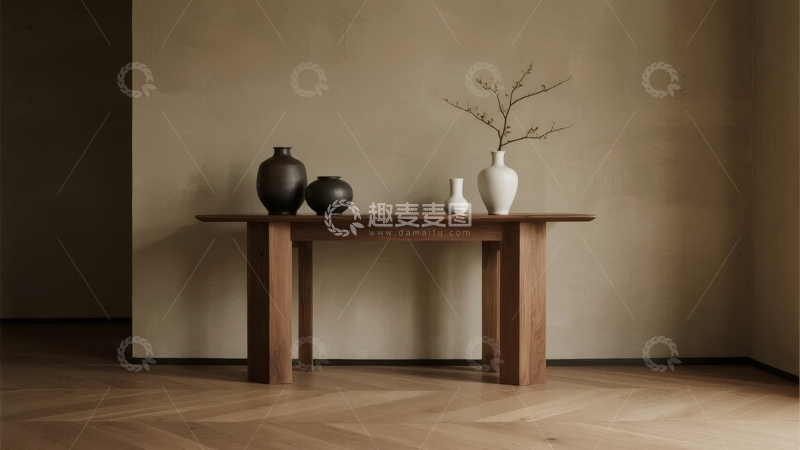 高清大图下载【趣麦麦图】木质桌子上的陶瓷花瓶和枝条