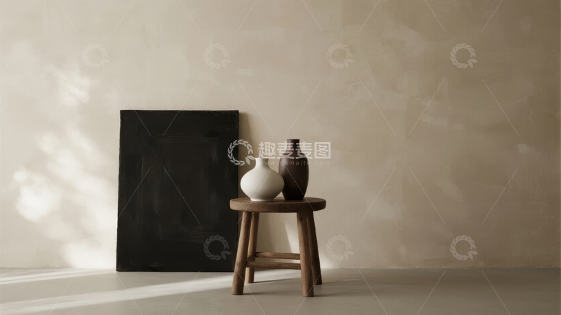 高清大图下载【趣麦麦图】木凳上摆放着两个陶瓶
