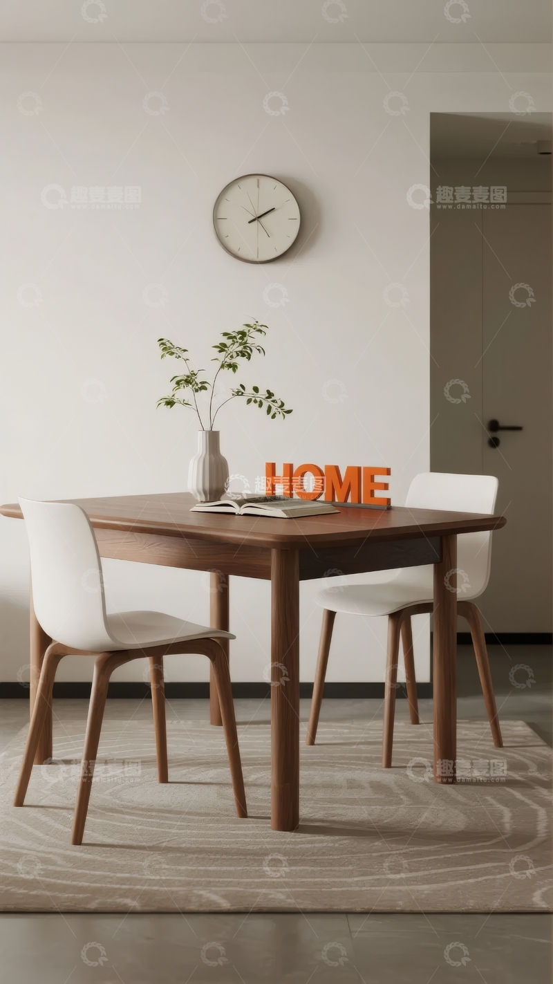 高清大图下载【趣麦麦图】简约风格的木质餐桌与白色椅子