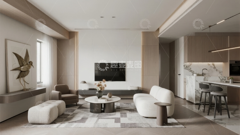 高清大图下载【趣麦麦图】现代简约风格客厅与厨房空间