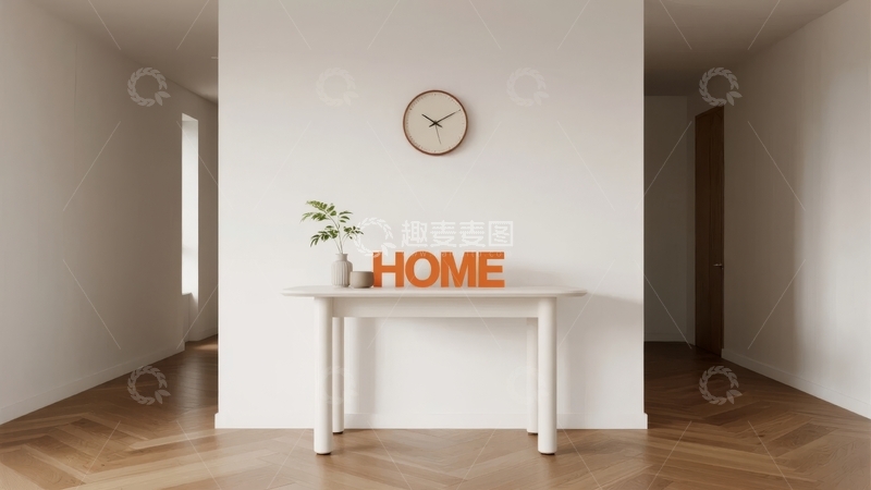 高清大图下载【趣麦麦图】简约室内空间中的白色桌子与橙色HOME字样