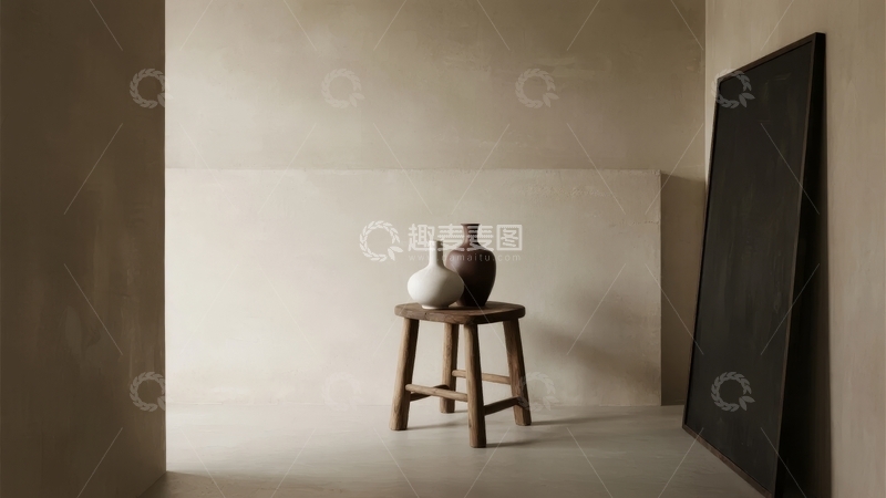 高清大图下载【趣麦麦图】室内角落木凳上摆放两个陶瓶