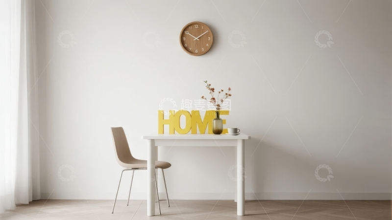 高清大图下载【趣麦麦图】简约室内装饰桌椅组合与金色HOME字样
