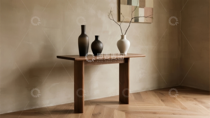 高清大图下载【趣麦麦图】木质桌子上的三只花瓶