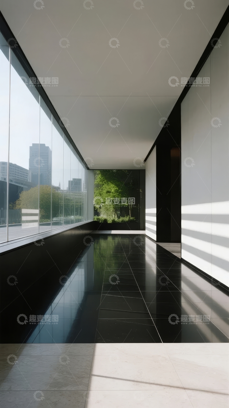 高清大图下载【趣麦麦图】现代建筑内部走廊与窗外景观