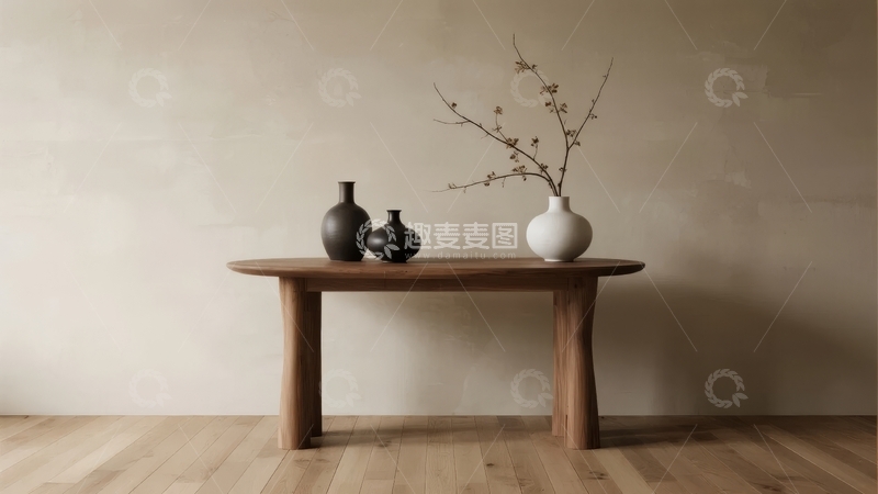 高清大图下载【趣麦麦图】木质桌面上摆放着三个花瓶