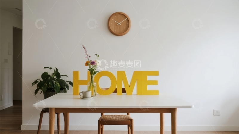 高清大图下载【趣麦麦图】白色餐桌上的黄色HOME字母装饰