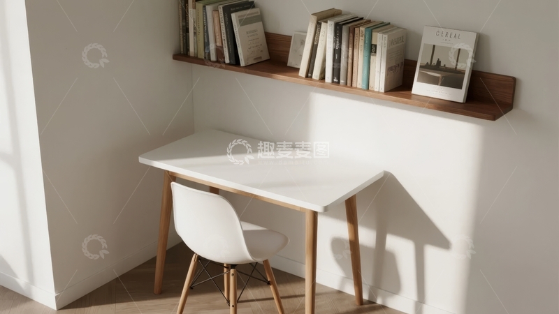 高清大图下载【趣麦麦图】简约书桌搭配白色椅子和木质书架