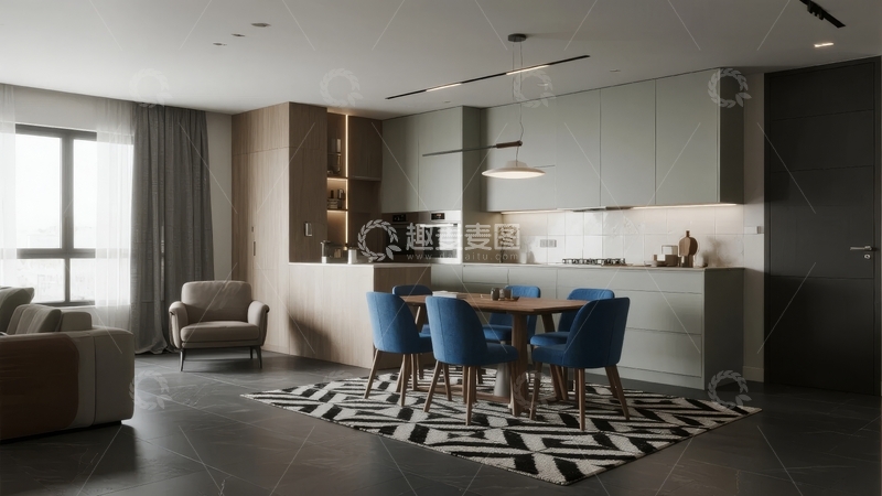 高清大图下载【趣麦麦图】现代简约风格客厅与厨房相连设计