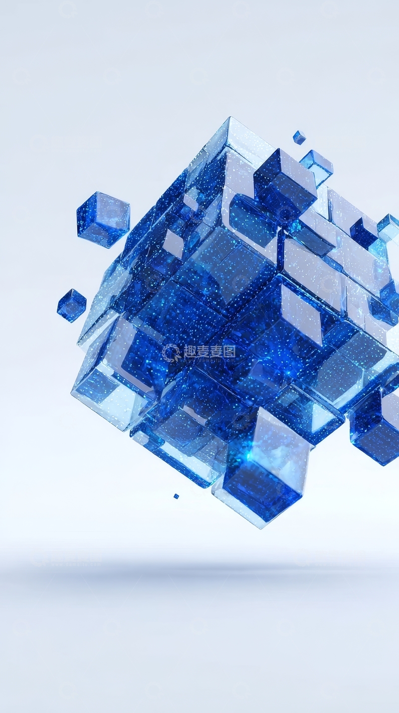 高清大图下载【趣麦麦图】蓝色透明立方体的悬浮结构
