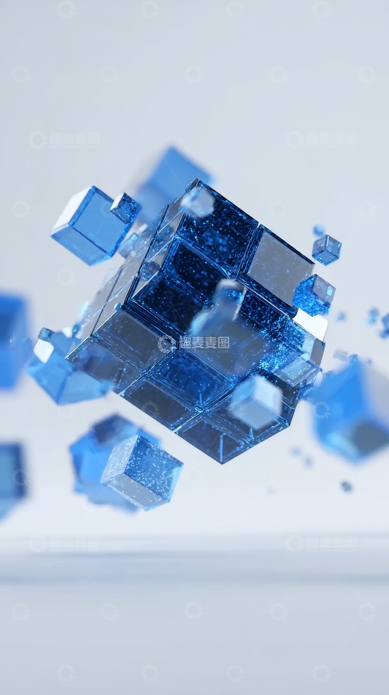高清大图下载【趣麦麦图】蓝色透明立方体悬浮艺术