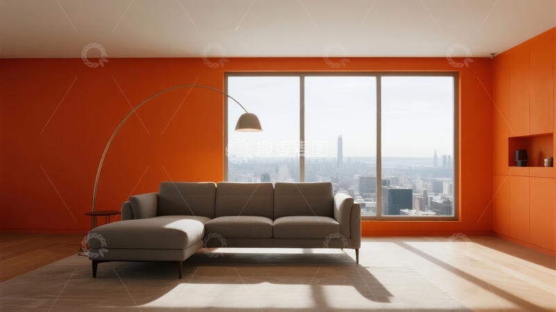 高清大图下载【趣麦麦图】橙色墙壁的现代客厅