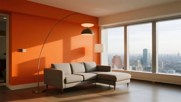 现代客厅橙色墙面大窗景观