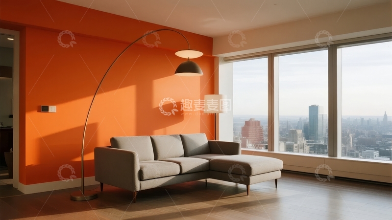 高清大图下载【趣麦麦图】现代客厅橙色墙面大窗景观