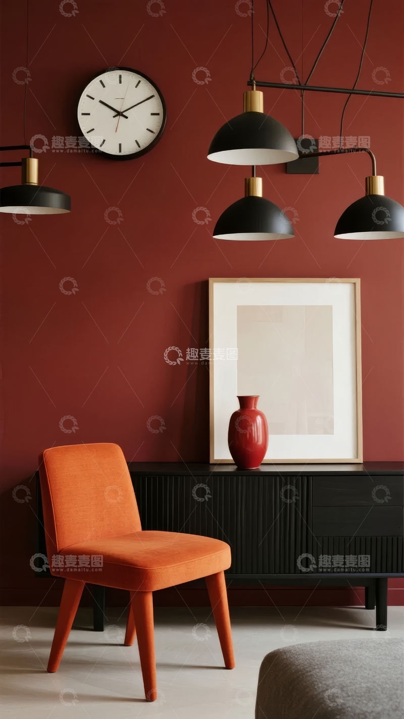 高清大图下载【趣麦麦图】红色墙壁的现代客厅角落