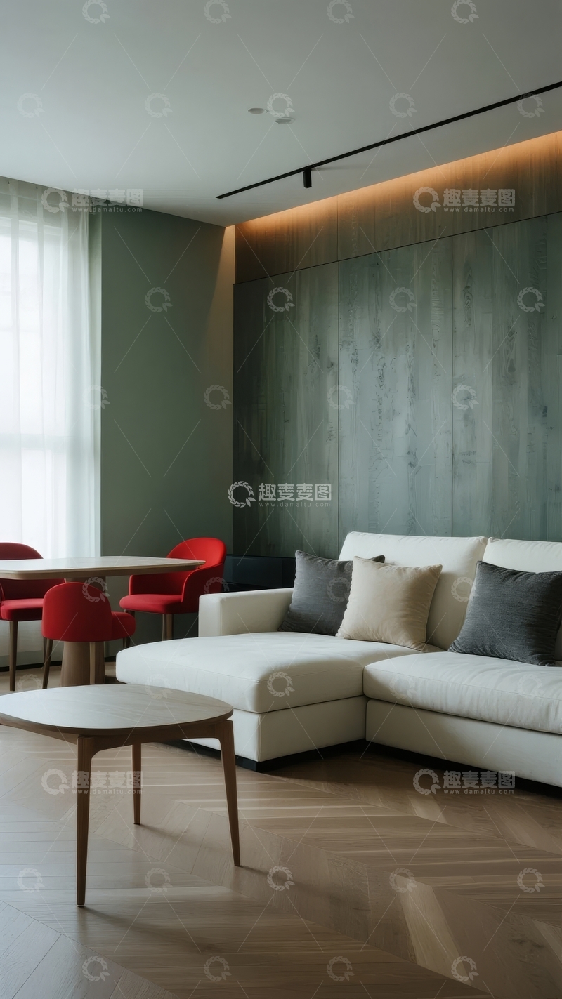 高清大图下载【趣麦麦图】现代客厅白色沙发与木质墙面
