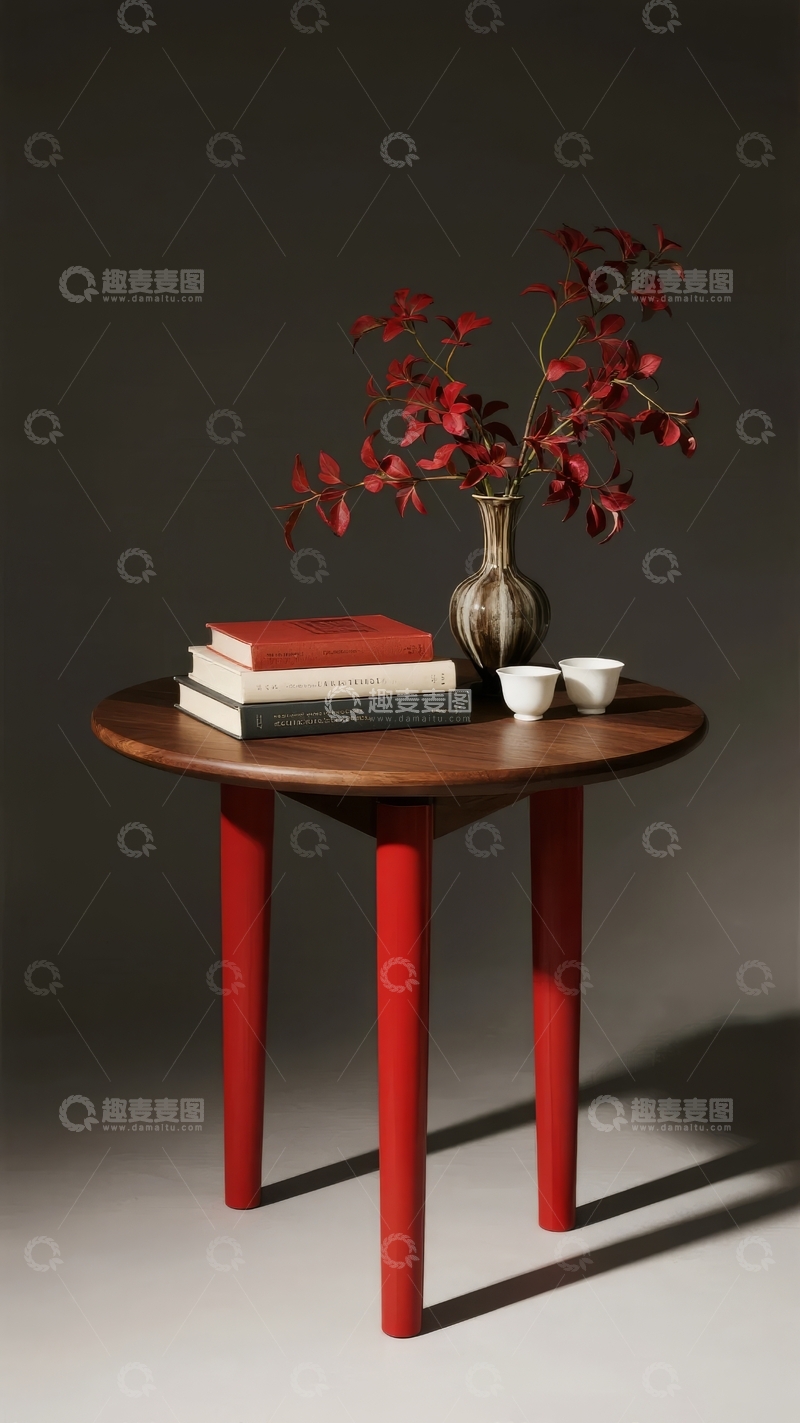 高清大图下载【趣麦麦图】红腿木桌上的书籍花瓶与茶杯