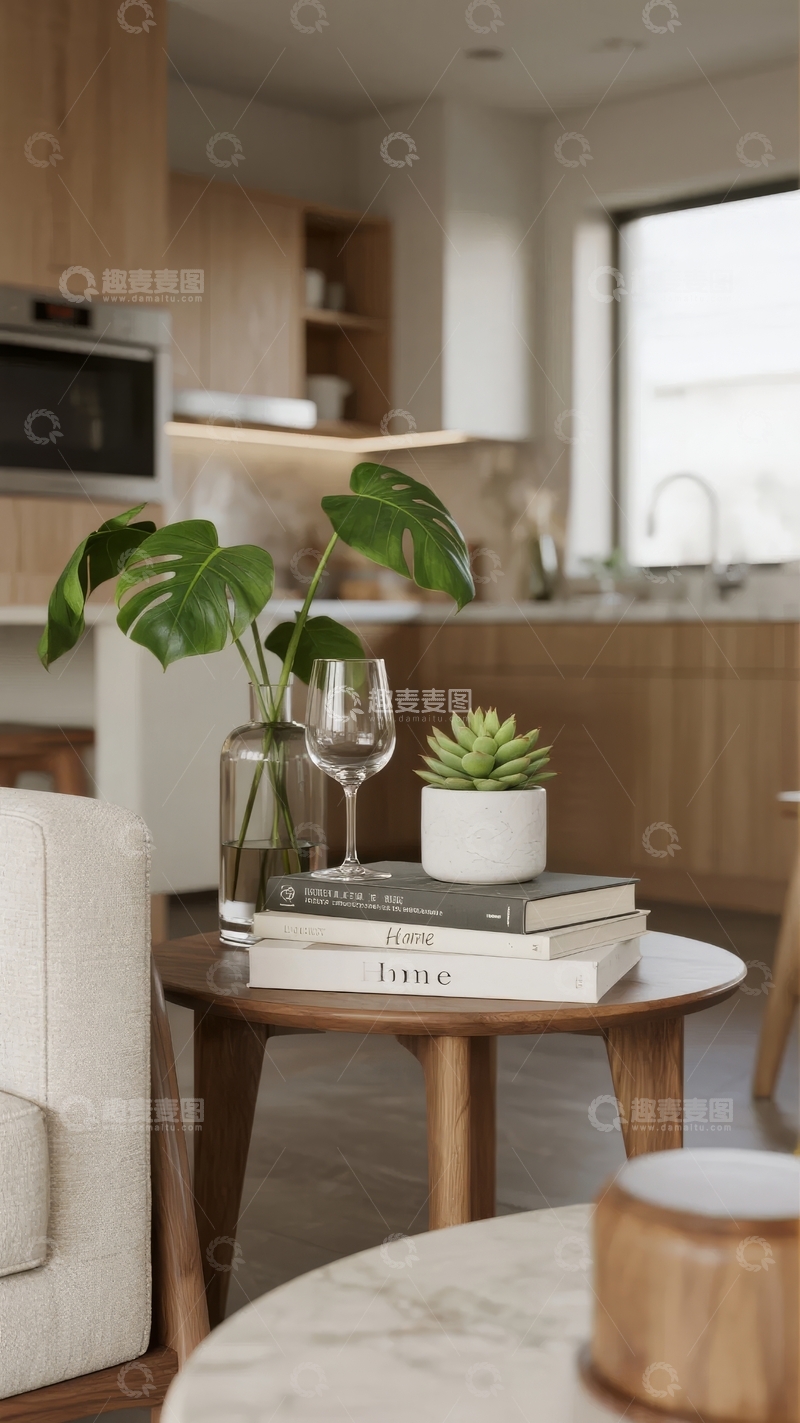 高清大图下载【趣麦麦图】现代客厅中的绿植与书籍摆设