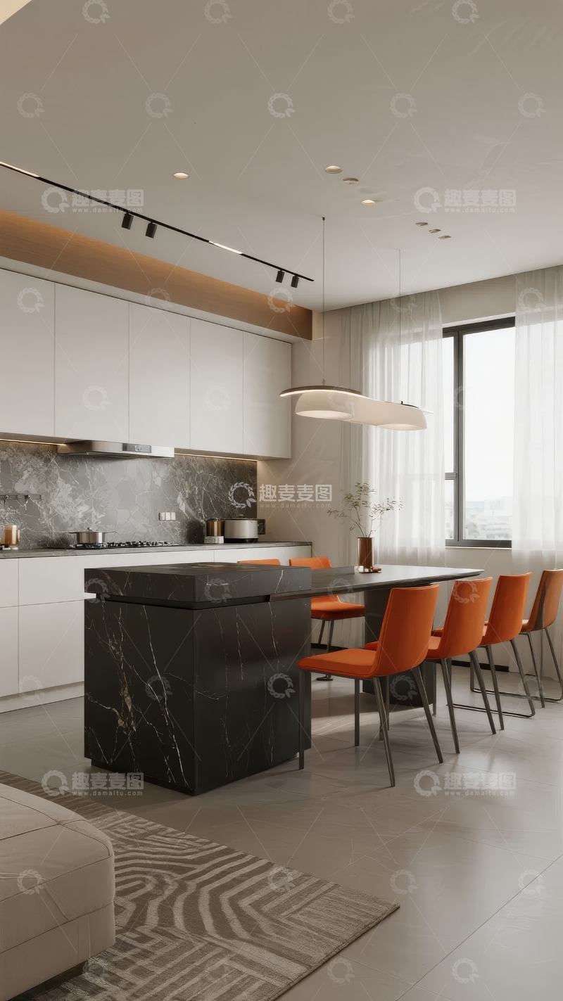 高清大图下载【趣麦麦图】现代厨房与餐厅结合空间设计
