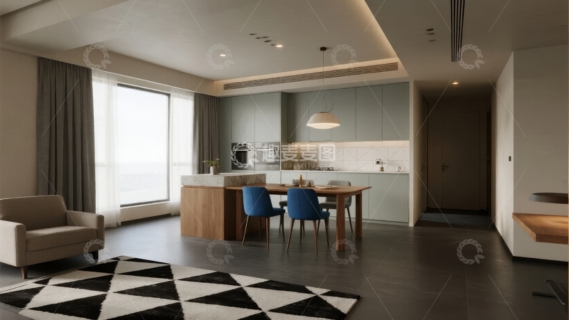 高清大图下载【趣麦麦图】现代简约风格客厅与厨房空间