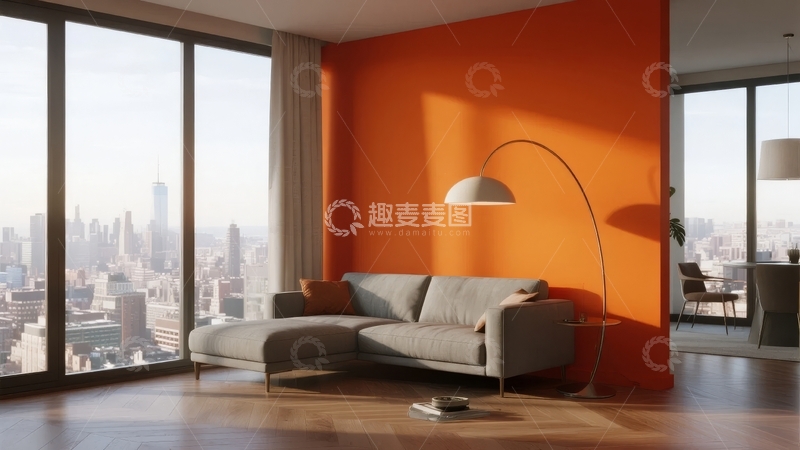 高清大图下载【趣麦麦图】现代客厅设计橙色墙壁与城市景观