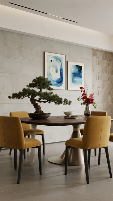 现代餐厅内摆放盆景与艺术画
