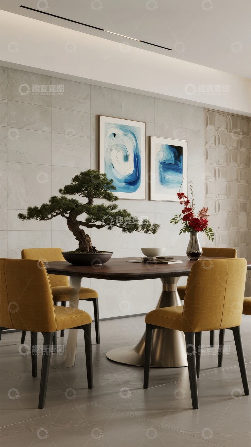 高清大图下载【趣麦麦图】现代餐厅内摆放盆景与艺术画