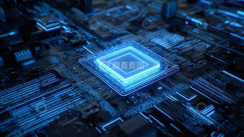 高清大图下载【趣麦麦图】蓝色光芒下的电路板与芯片