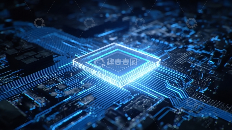 高清大图下载【趣麦麦图】蓝色光芒下的电路板与芯片