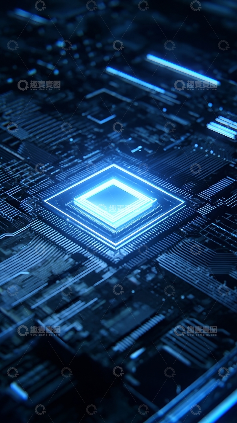 高清大图下载【趣麦麦图】蓝色光芒下的电路板与芯片