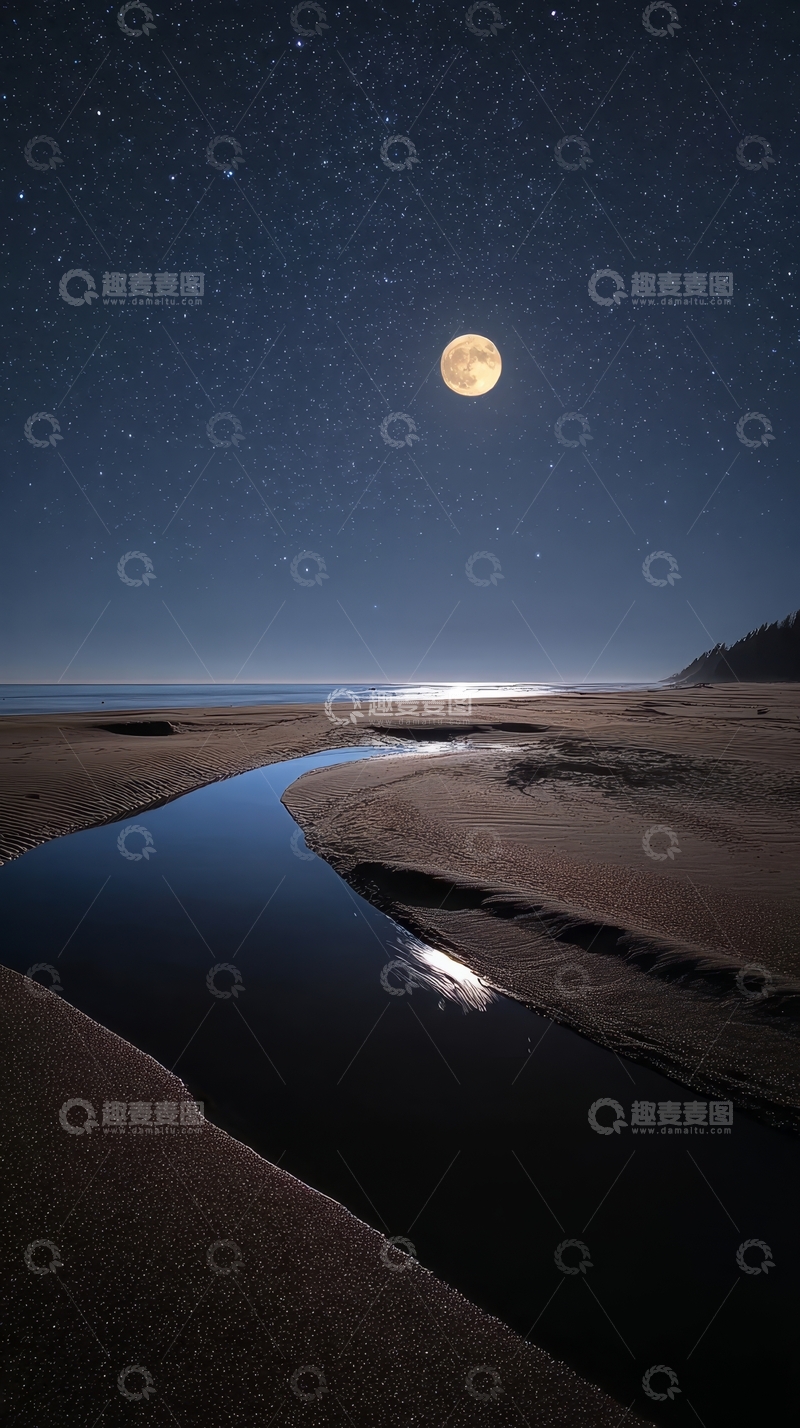 高清大图下载【趣麦麦图】月光下的沙滩与河流