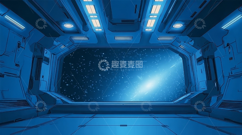 高清大图下载【趣麦麦图】太空舱内部视角，窗外星光璀璨