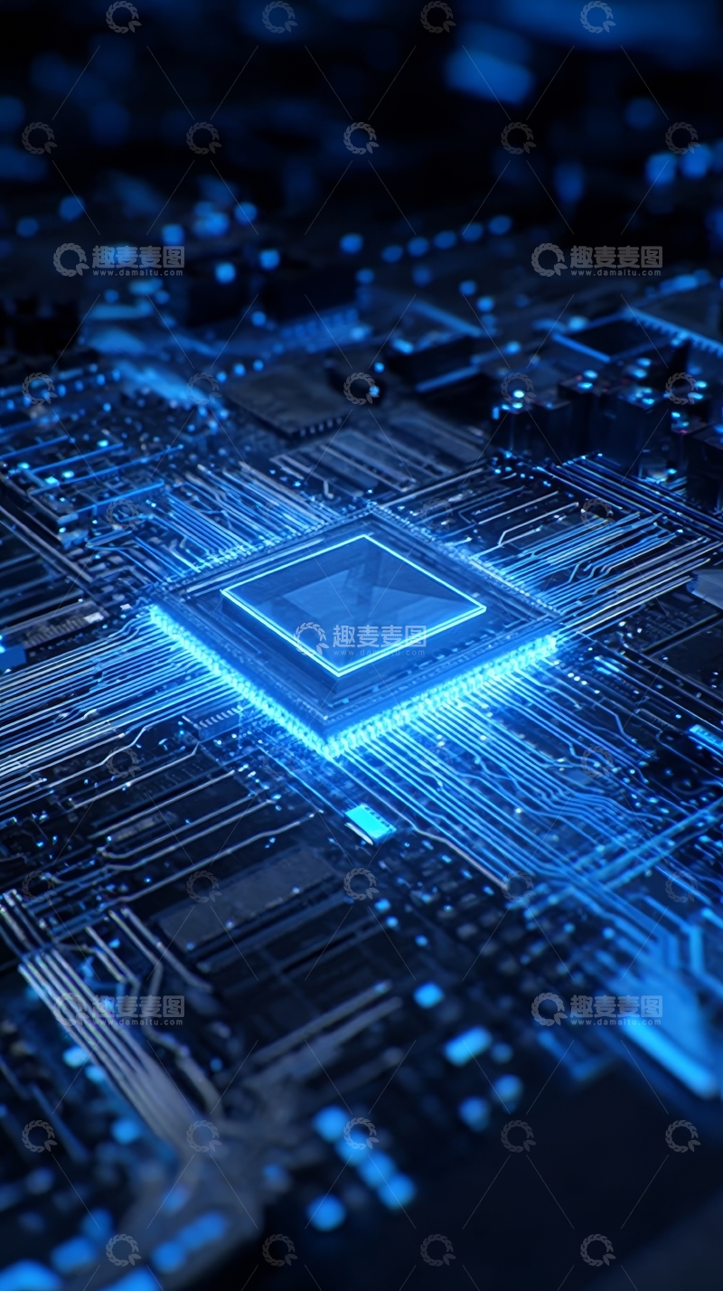 高清大图下载【趣麦麦图】蓝色光芒下的电路板芯片