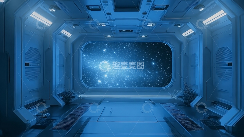 高清大图下载【趣麦麦图】太空舱内部视角，窗外星河璀璨