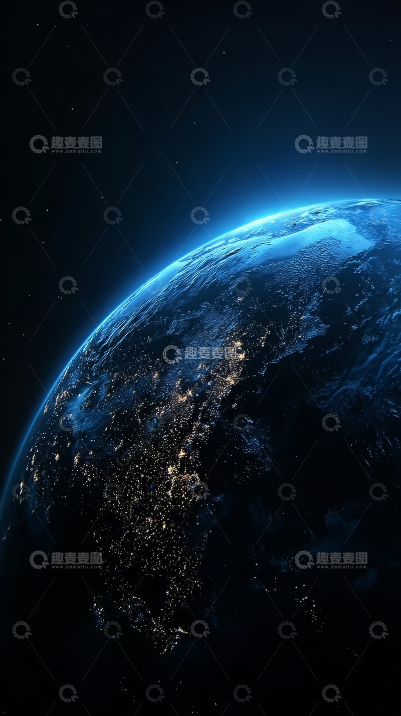 高清大图下载【趣麦麦图】地球夜景，城市灯光与蓝色大气层