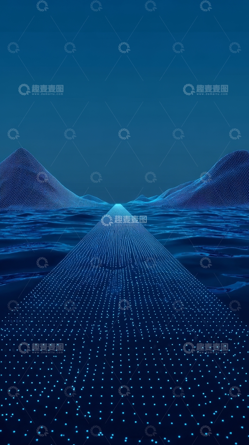 高清大图下载【趣麦麦图】蓝色光点路径延伸至远方山峦