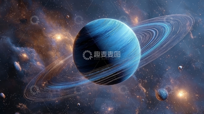 高清大图下载【趣麦麦图】蓝色行星与环带的宇宙景象