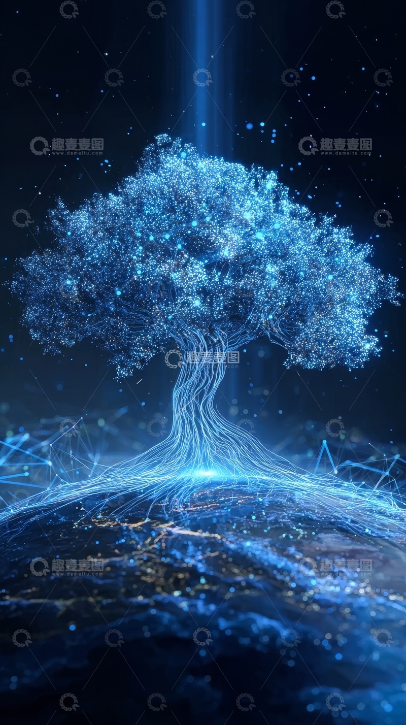 高清大图下载【趣麦麦图】蓝色光芒树与地球的奇幻融合