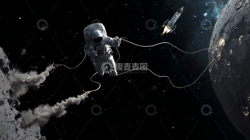 高清大图下载【趣麦麦图】宇航员太空行走连接飞船与星球
