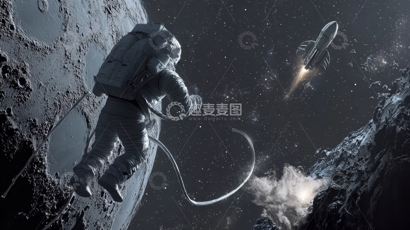 高清大图下载【趣麦麦图】宇航员在月球表面观察飞行器
